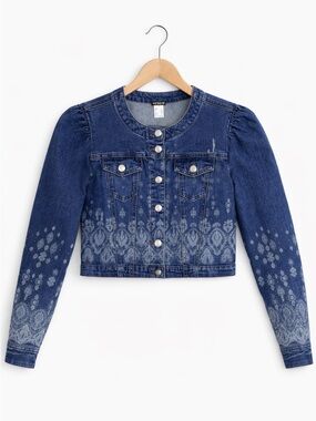 Venus Cropped Denim Jacket Size M Blue Paisley Print Boho Western Jean Jacket